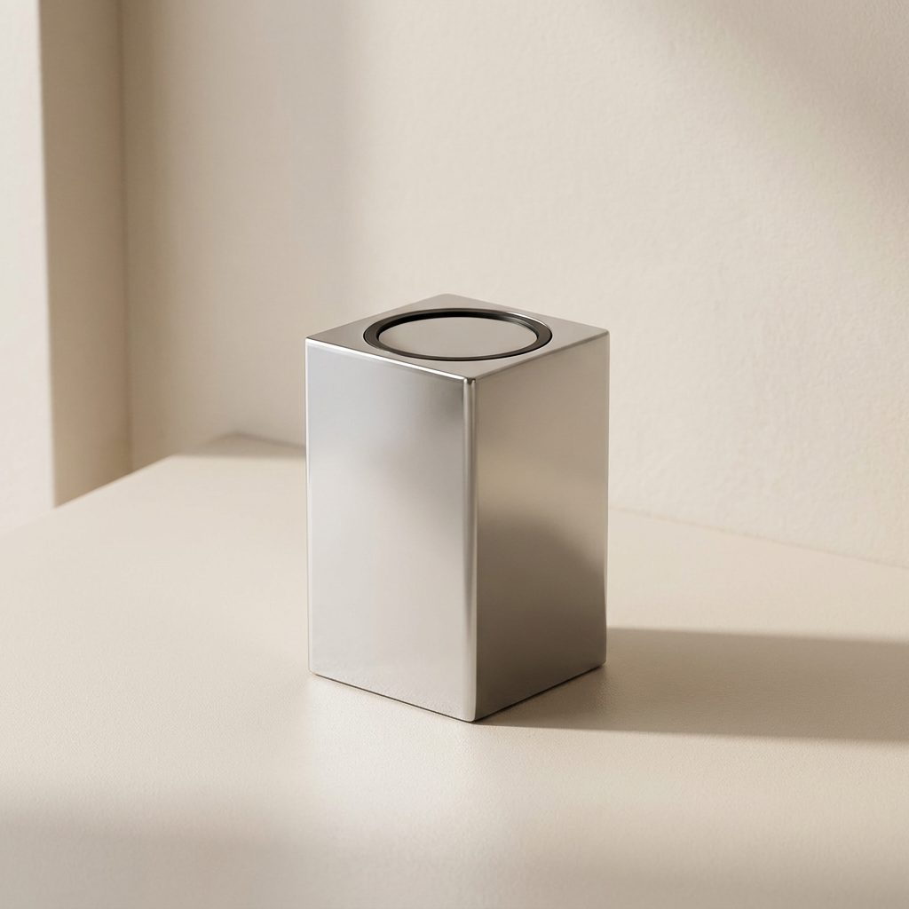 A modern metallic silver rectangular trash can with a circular opening on top, set against a minimalist beige background.