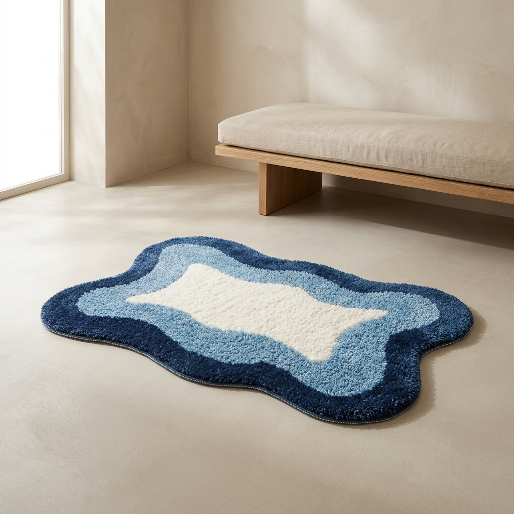 A cloud-shaped shag rug with concentric layers of navy, medium blue, and off-white, placed on a light beige floor in a minimalist room with a low wooden bench.