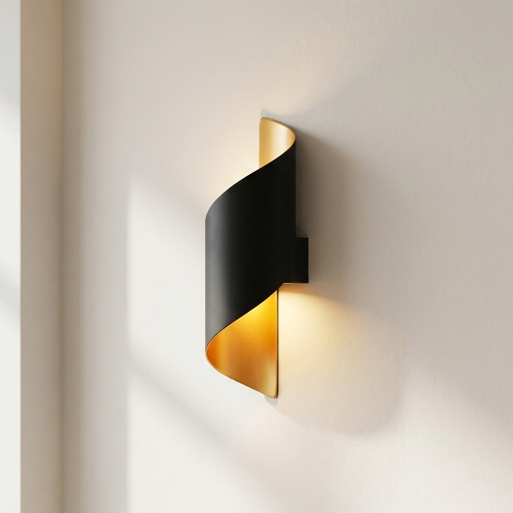 A modern wall-mounted light fixture with a black outer shell and a gold inner panel, shown lit against a warm off-white wall.