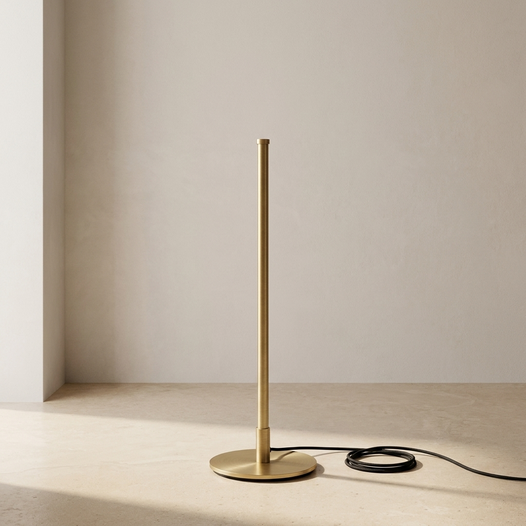 A minimalist table lamp with a slim vertical stem and a round circular base, finished in brushed brass/gold, shown on a light beige floor against a neutral beige wall with a black power cord.