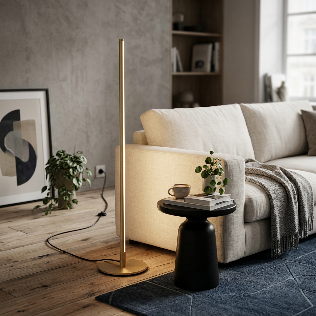 A modern minimalist living room scene featuring a tall, slim floor lamp with a brushed gold finish standing next to a cream-colored sofa and a small black side table.
