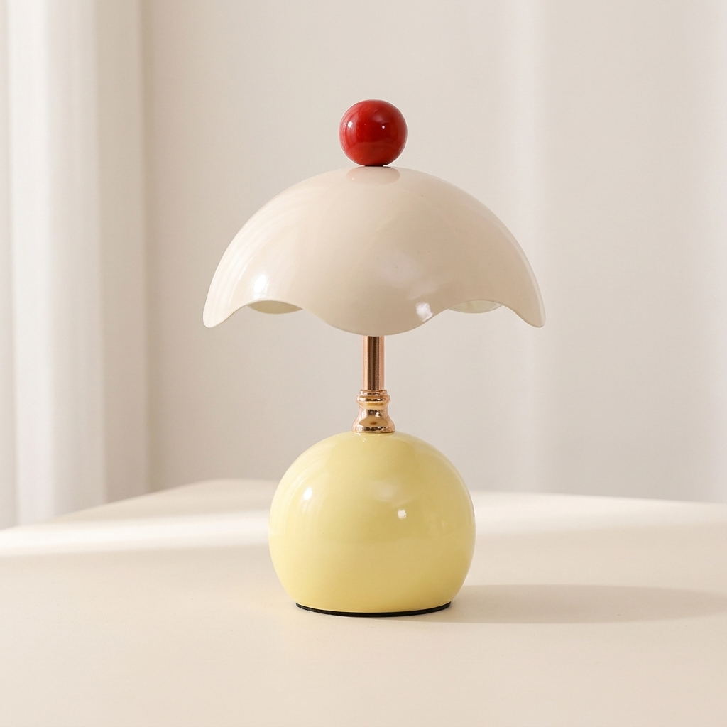 A small mushroom-shaped table lamp with a glossy pale yellow base, a cream-colored cap, a red spherical topper, and a metallic stem, shown on a light surface against a soft neutral background.