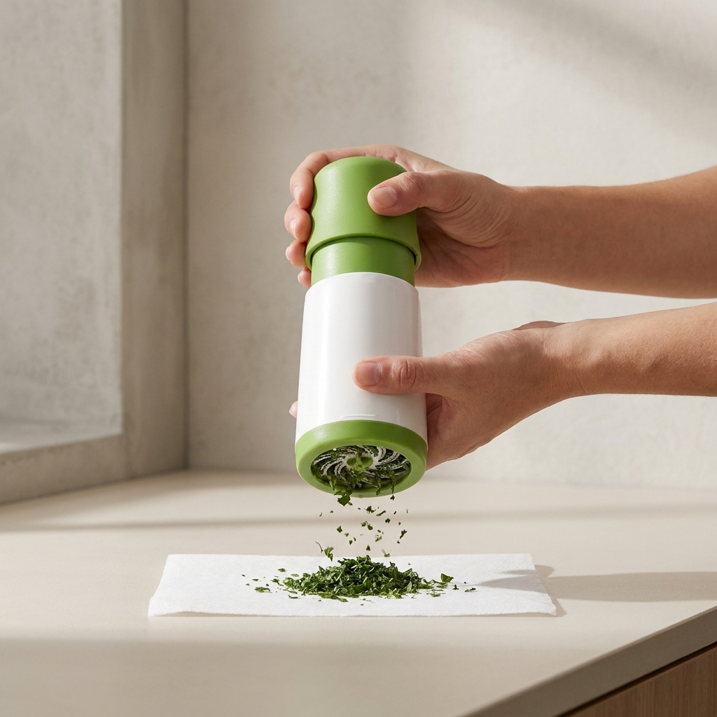 A person's hands holding a green and white manual herb grinder over a white paper towel on a beige countertop, with chopped green herbs falling out.