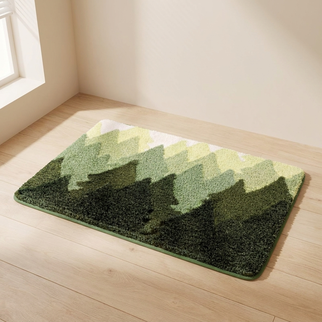 A rectangular shag rug with a green forest silhouette pattern in shades of green and dark charcoal, placed on a light wood floor in a brightly lit room.