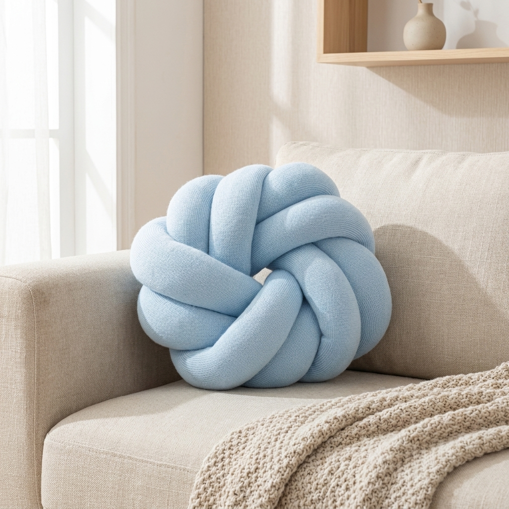 A light blue knotted round throw pillow resting on a beige fabric sofa with a textured cream throw blanket in a softly lit room.