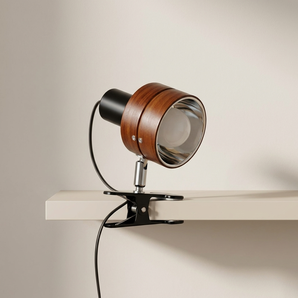 A modern table lamp with a round wooden shade, black metal arm, and clear glass lens, mounted on a white shelf against a beige wall.