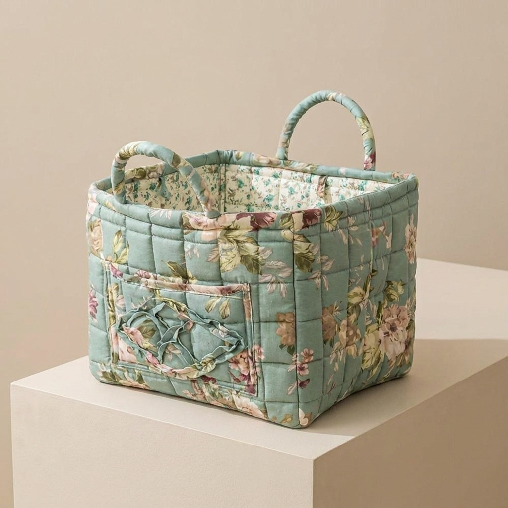 A quilted fabric storage basket with a floral print in sage green, pink, and beige, featuring dual top handles and a front pocket, displayed on a beige pedestal.