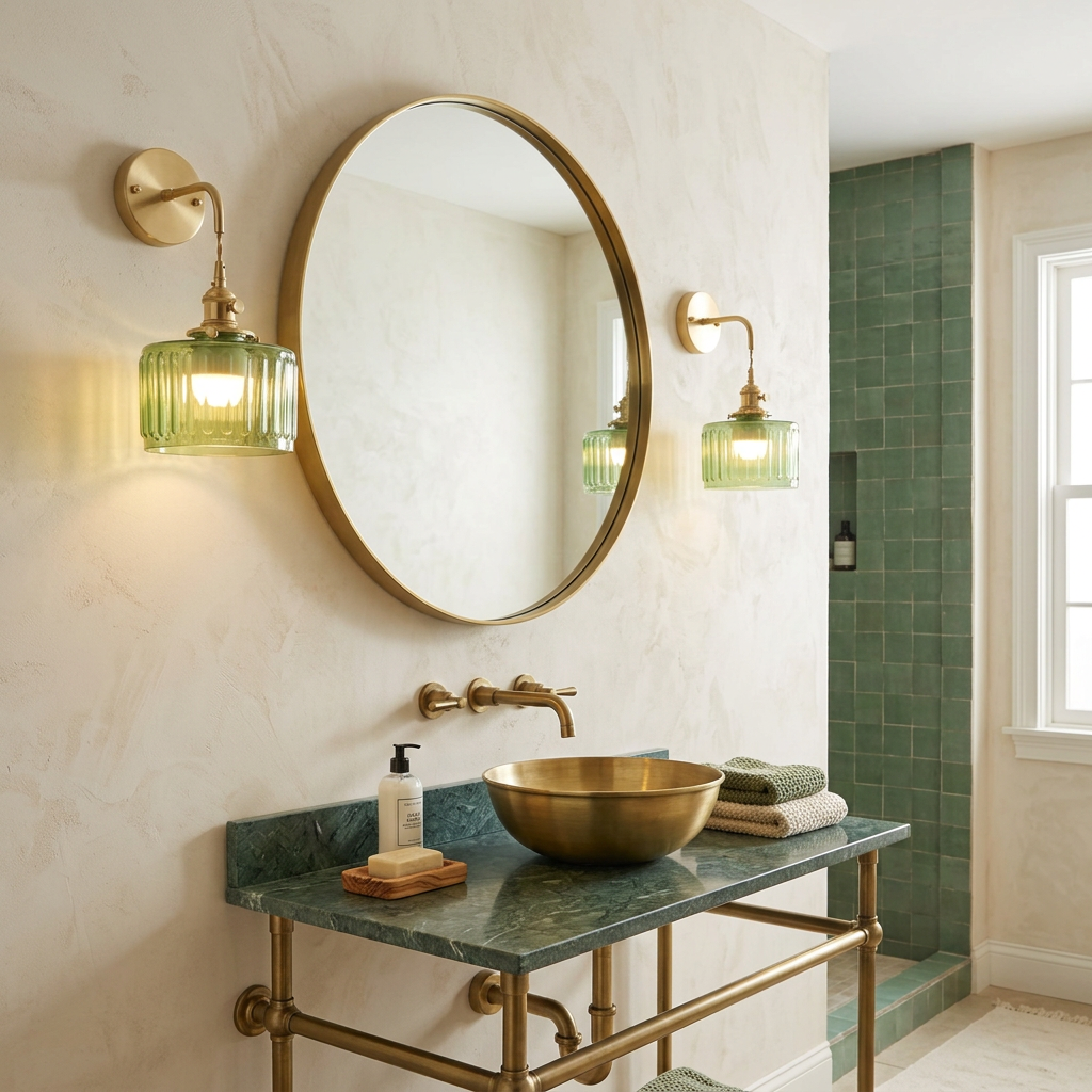 A bathroom vanity scene with a round wall mirror, two brass sconces with green glass shades, a brass vessel sink on a green marble console, and a tiled shower area in the background.