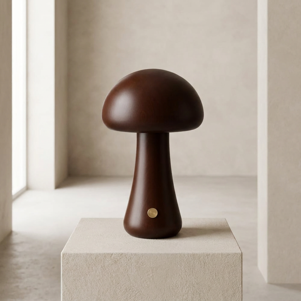 A dark brown wooden mushroom-shaped table lamp with a small gold metal accent, displayed on a textured beige pedestal in a minimalist, warm-toned interior setting.
