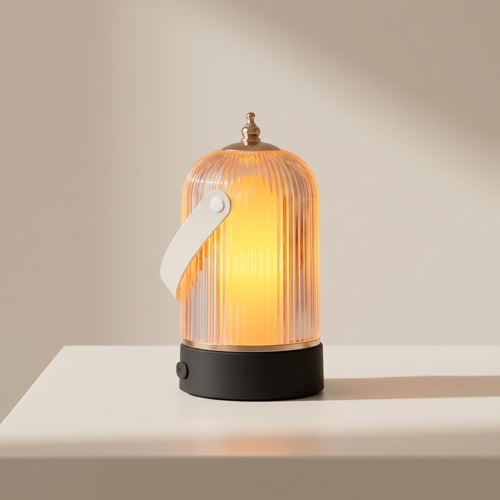 A ribbed glass lantern-style table lamp with a warm glowing light, a white handle, and a black base, photographed on a clean white tabletop against a soft beige wall.