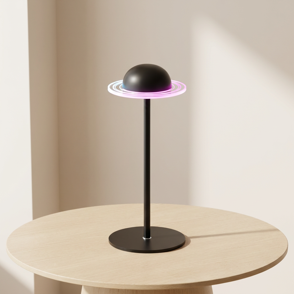 A modern black table lamp shaped like Saturn, featuring a dome-shaped globe with a glowing pink-purple ring, mounted on a slim black pole and round base, set on a light wood table against a warm beige wall.