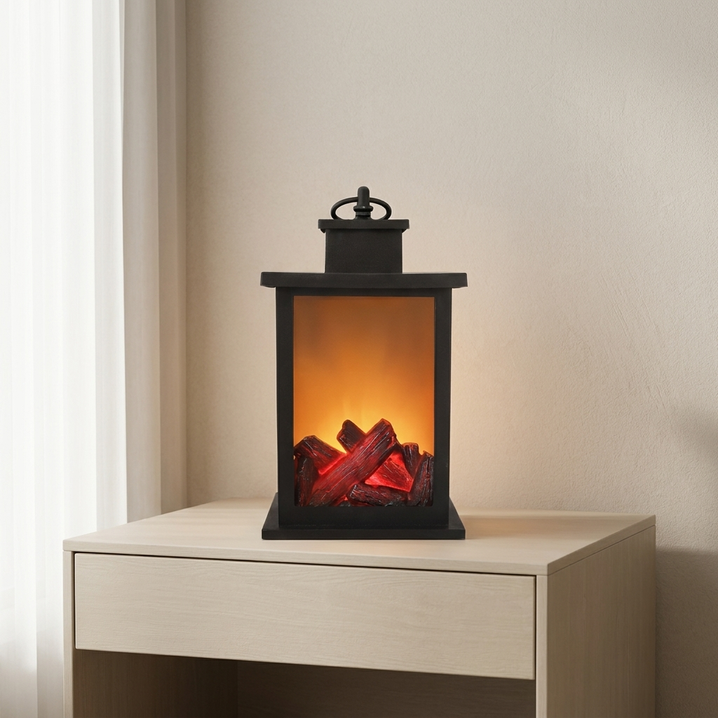 A black electric fireplace lantern with glowing faux logs, displayed on a light wood side table against a neutral beige wall.