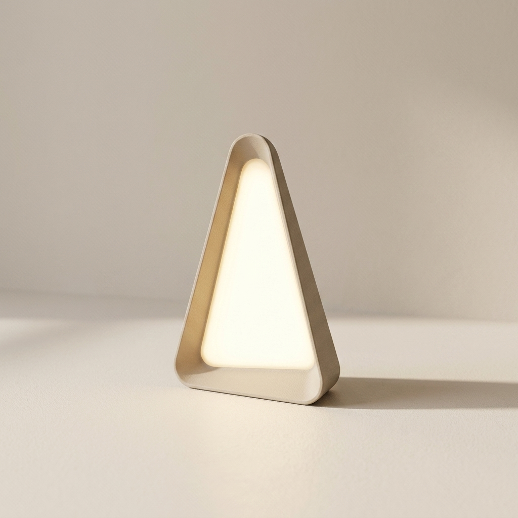 A modern, minimalist triangle-shaped table lamp with a warm white glowing face and a light beige outer frame, standing on a neutral cream surface against a matching background.