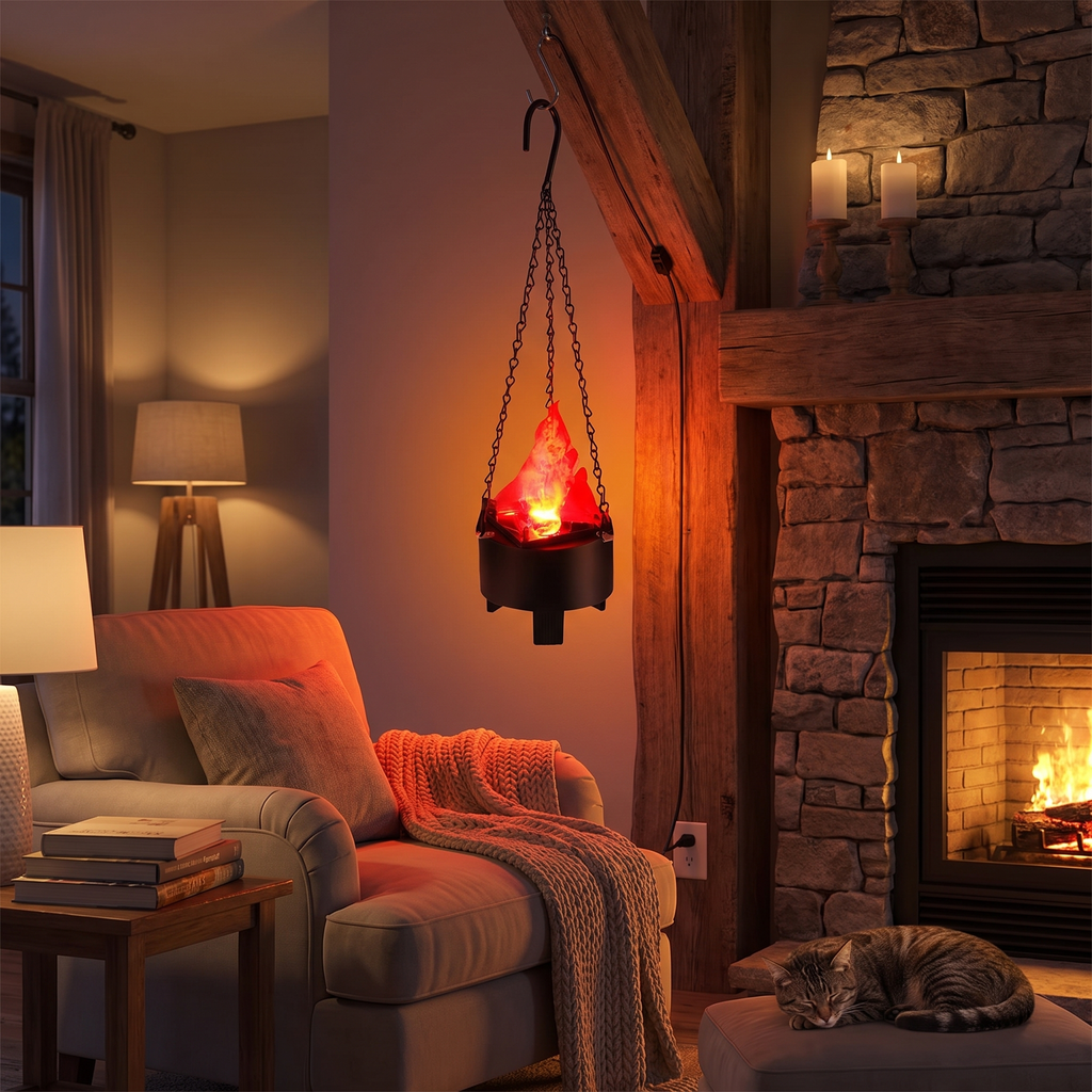 A hanging black metal campfire lantern with a glowing orange-red flame, suspended in a rustic living room beside a stone fireplace and a cozy armchair with a blanket.