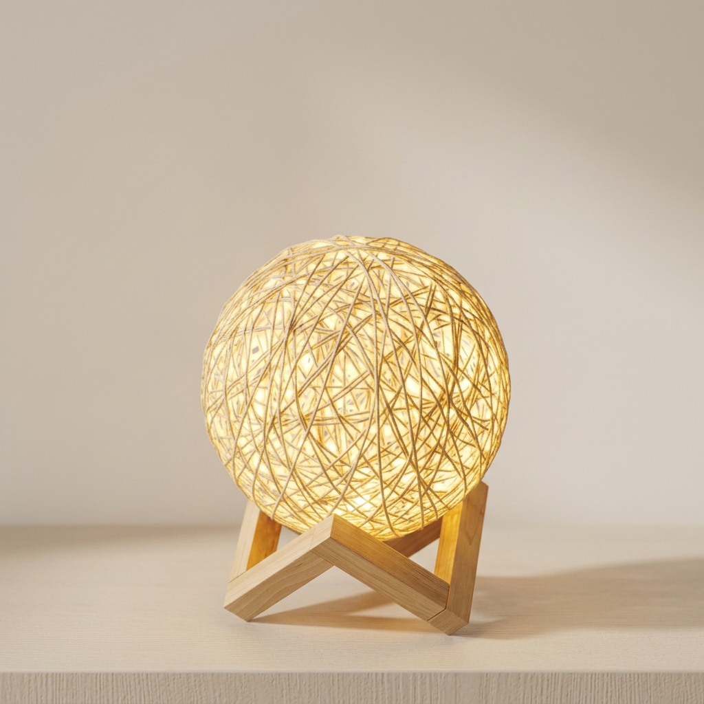 A spherical woven lamp with a warm glowing light, resting on a light wood geometric stand against a soft beige background.