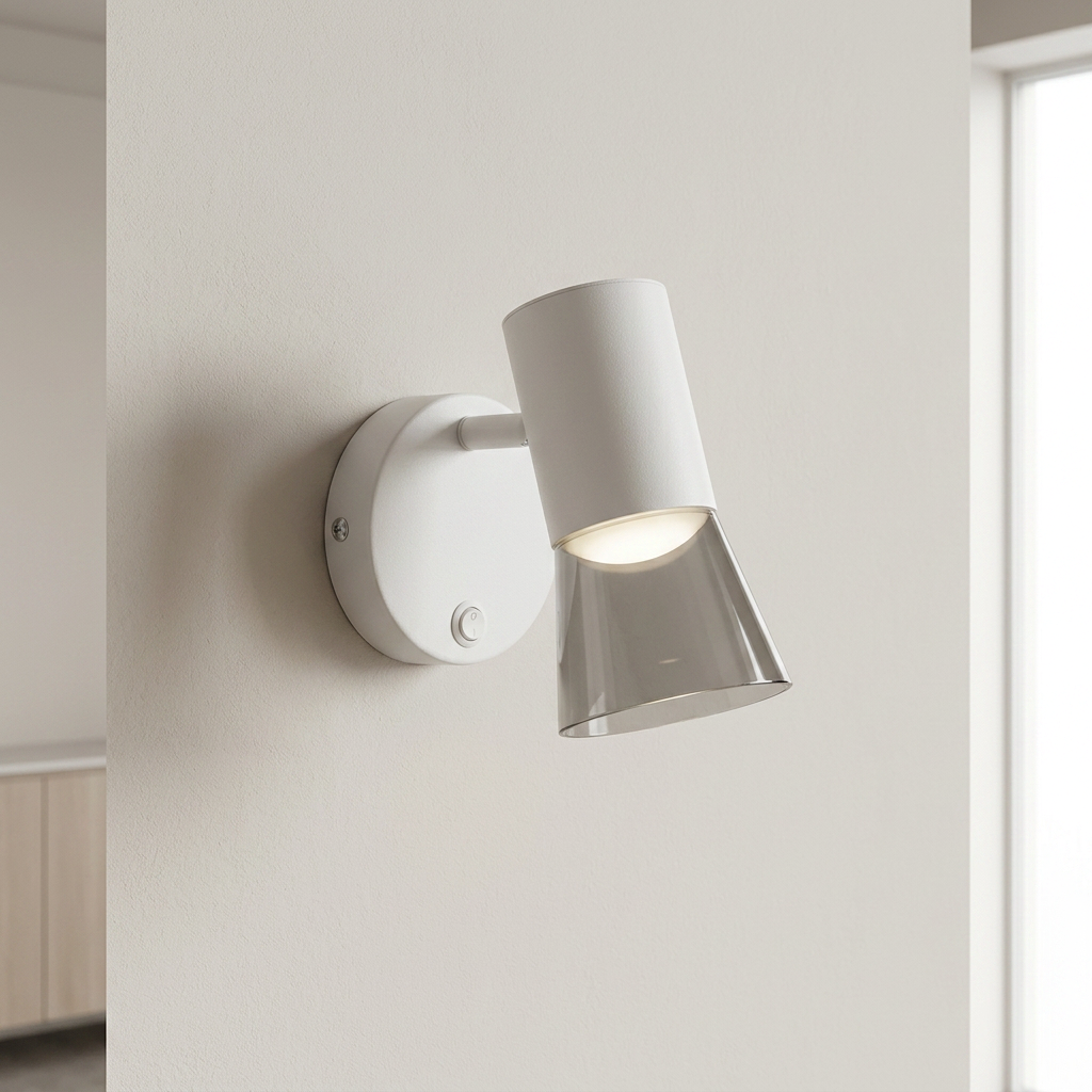 A modern wall-mounted light fixture with a white cylindrical head, a clear glass shade, and a round white wall mount, shown lit against a beige wall.