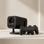A black projector on a matching stand with a black wireless controller in front, photographed on a light beige surface against a softly lit neutral background.