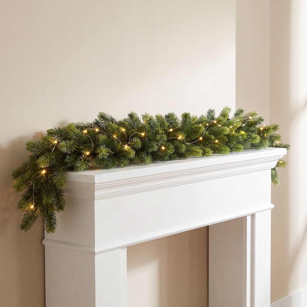 A green Christmas garland with warm white string lights draped across a white fireplace mantel against a beige wall.