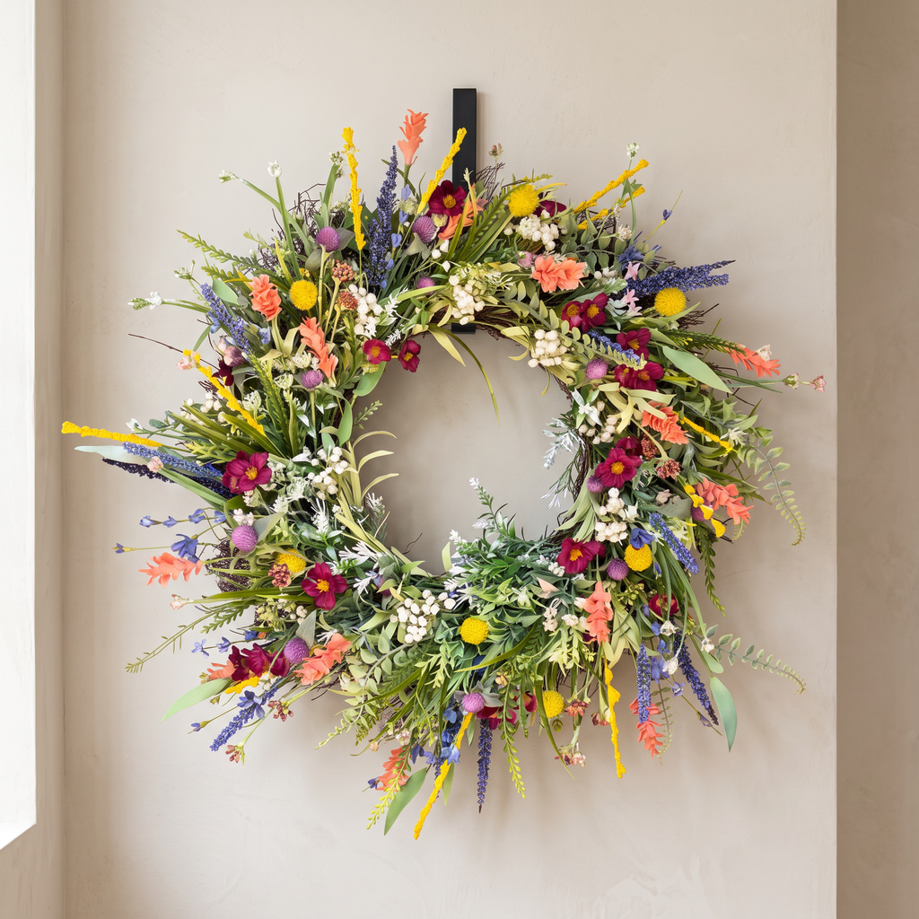 A vibrant, multicolored wildflower wreath hanging on a neutral beige wall.