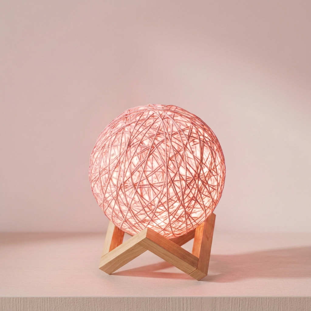 A spherical woven string lamp glowing with a warm pink light, resting on a light wood chevron stand against a soft pink background.