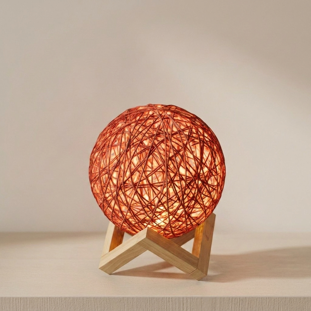 A spherical woven lamp with a warm red glow, resting on a light wood chevron stand against a neutral beige background.