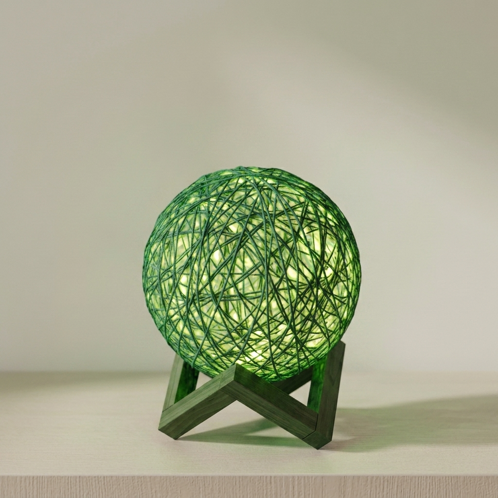 A green spherical string lamp glowing with a warm light, resting on a dark green geometric stand against a neutral beige background.