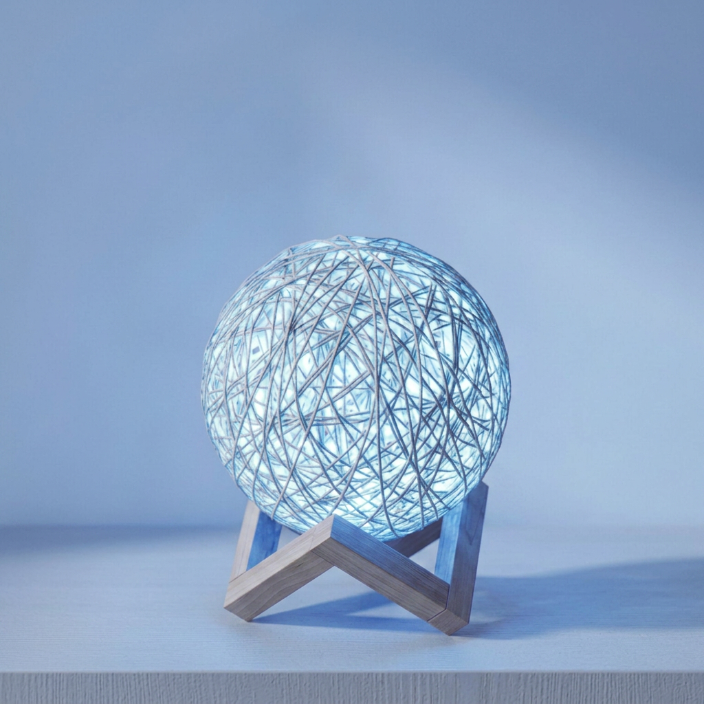 A modern table lamp featuring a glowing blue spherical orb made of interwoven wire, resting on a light gray wooden V-shaped stand against a soft blue gradient background.