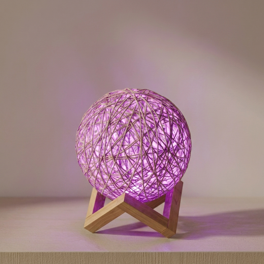 A spherical woven lamp with a purple glow, resting on a light wood V-shaped stand against a soft beige background.