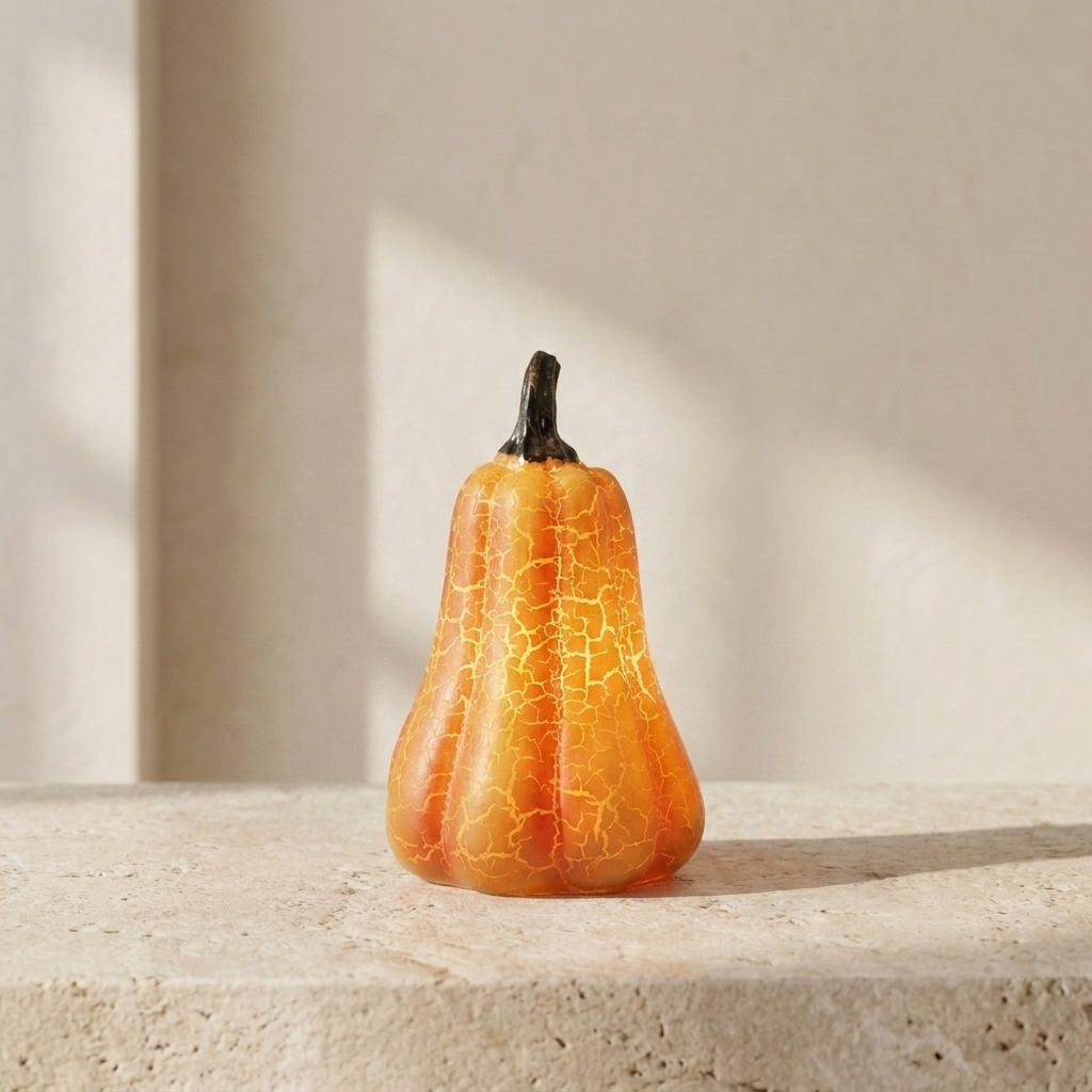 An orange decorative glass pumpkin with a dark stem and a subtle crackle pattern, sitting on a textured stone ledge against a warm beige background 1