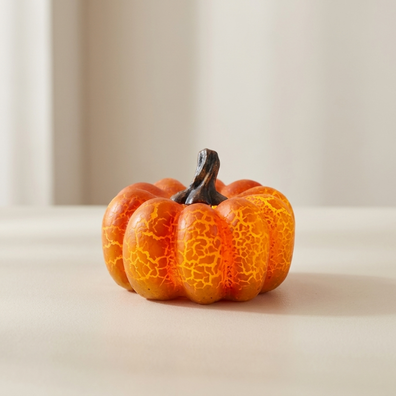 A small decorative pumpkin figurine with a textured orange and yellow cracked pattern and a dark stem, sitting on a light beige surface against a soft neutral background.