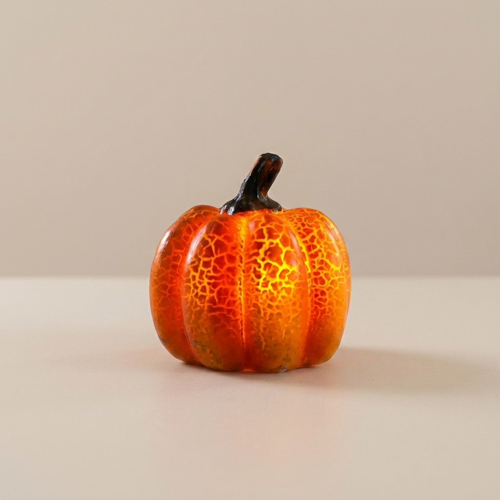 A small decorative pumpkin figurine with a glossy orange and yellow crackled pattern and a dark stem, standing on a light beige surface against a neutral beige background.