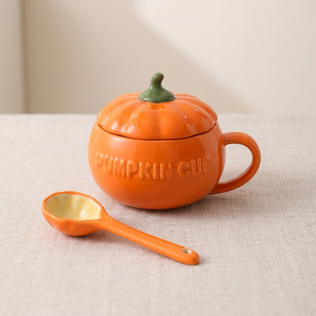 An orange pumpkin-shaped ceramic cup with a lid and handle, embossed with the words 'PUMPKIN CUP', shown on a light beige fabric surface with a matching orange spoon in front.