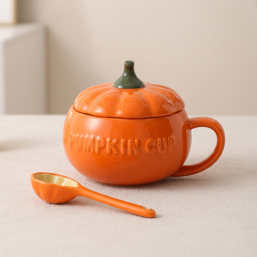 An orange pumpkin-shaped ceramic mug with a lid and a matching small spoon, photographed on a light neutral surface with a softly blurred background.