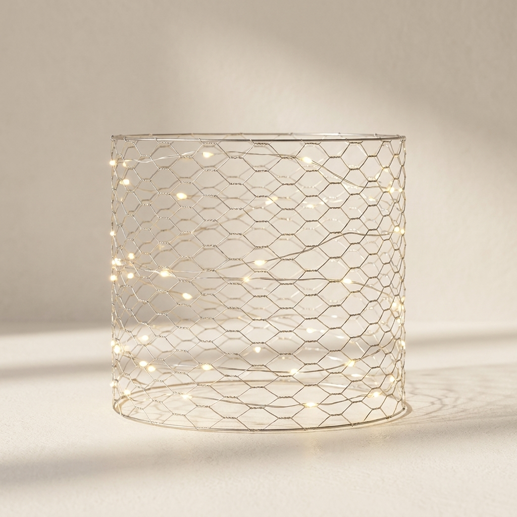 A cylindrical wire mesh candle holder with a hexagonal chicken wire pattern, illuminated from within with warm white fairy lights, set against a neutral beige background with soft shadows.