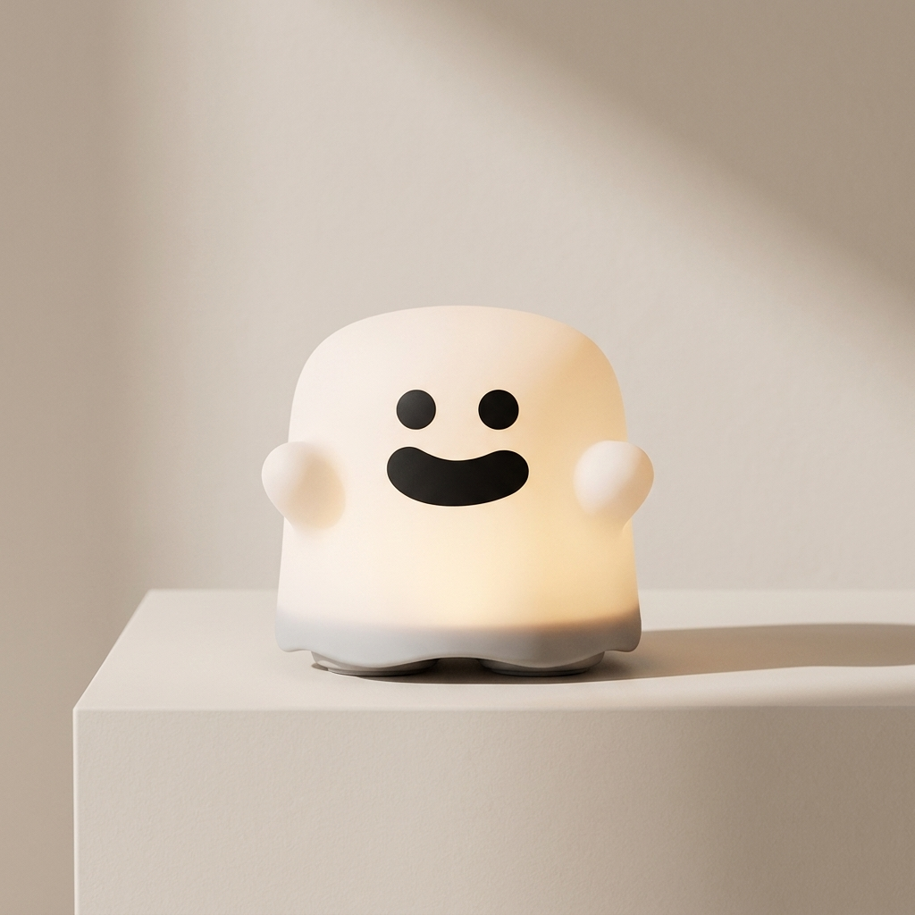 A cute ghost-shaped night light with a smiling face, glowing with a warm yellow light, sitting on a white pedestal against a beige background.