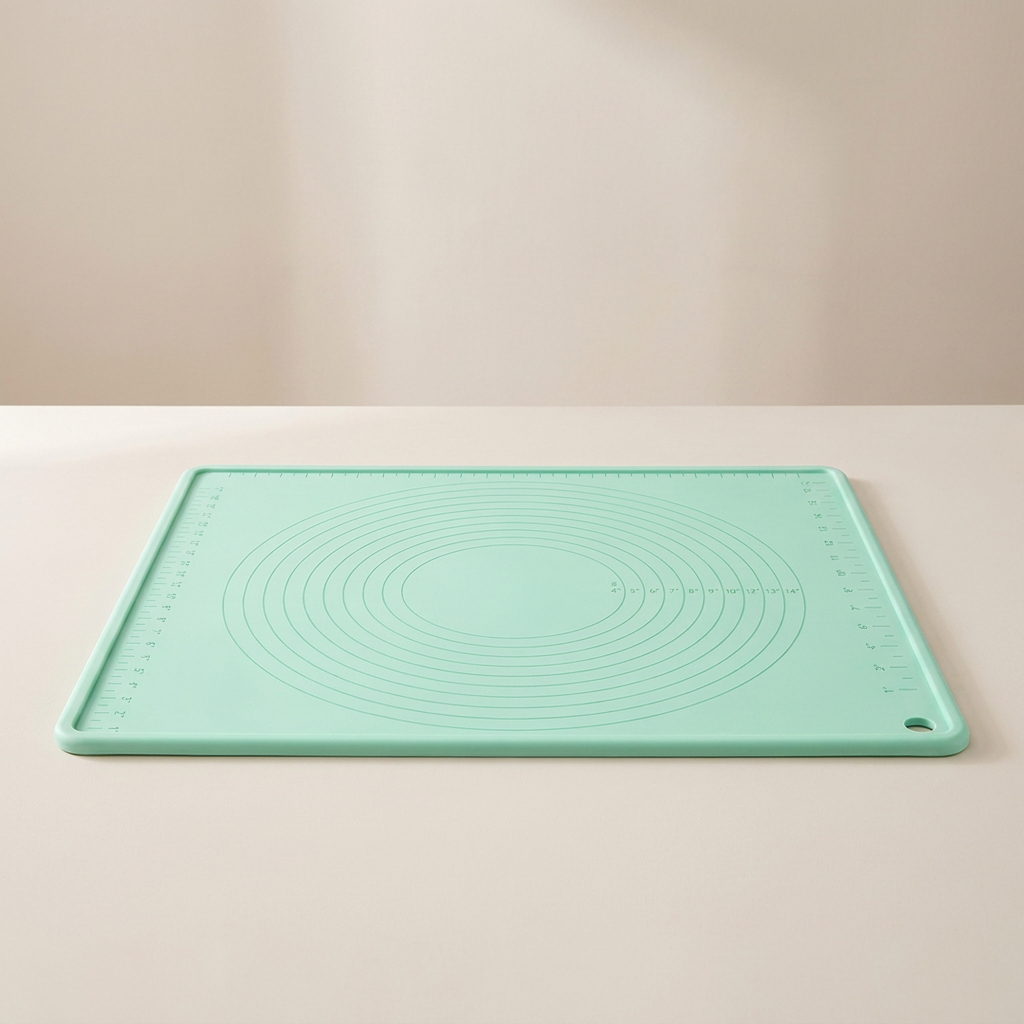 A mint green silicone baking mat with concentric circle guides and measurement markings, resting on a light beige surface against a matching background.
