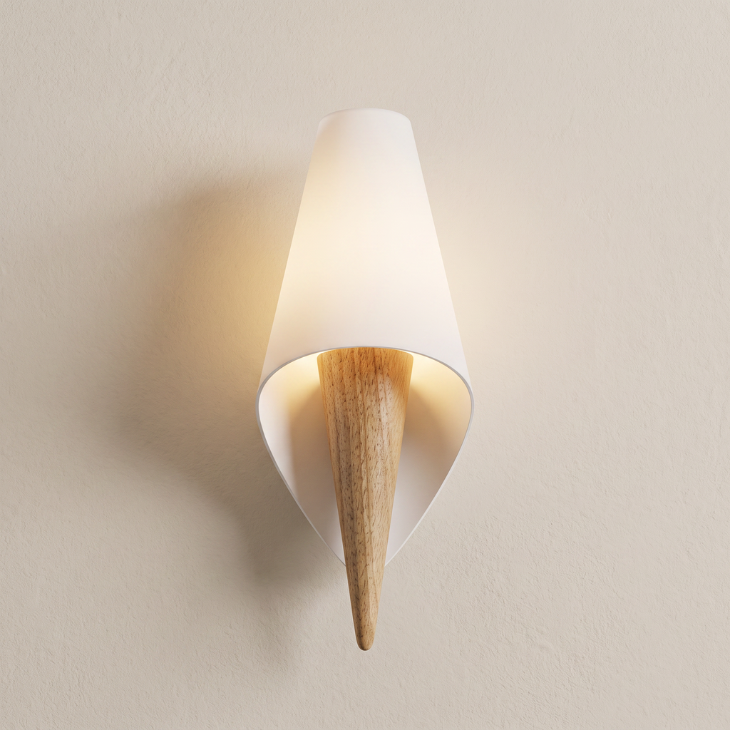 A modern wall sconce light fixture with a white tapered shade and a natural wood cone-shaped accent, mounted on a beige wall.