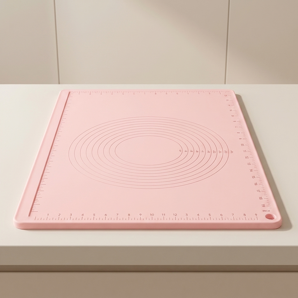 A pink silicone baking mat with embossed measurement markings and concentric circle guides, shown on a light beige countertop.