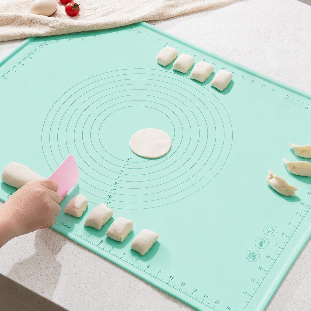 A mint green silicone dough rolling mat with measurement markings and concentric circles, shown on a light countertop. A hand is using a pink scraper to handle dough pieces, with several small dough balls and dumplings arranged on the mat.