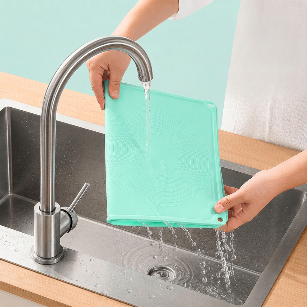 A mint green silicone cutting board with a textured non-slip surface is being rinsed under running water from a stainless steel faucet in a kitchen sink, held by a person.