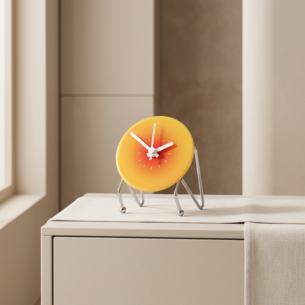 A round yellow desk clock with a red-orange gradient center and white hands, displayed on a minimalist metal stand on a light-colored cabinet.