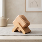 A stack of square wooden coasters displayed on a matching wooden stand on a tabletop, with a softly blurred teapot and framed wall art in the background.