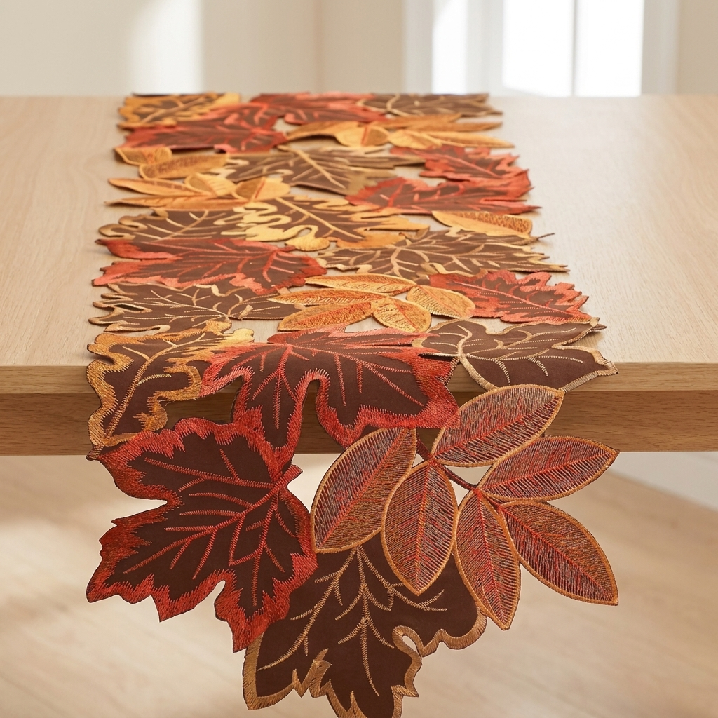 An autumn-themed table runner made of layered embroidered leaf cutouts in shades of red, orange, brown, and gold, draped over a light wood table.