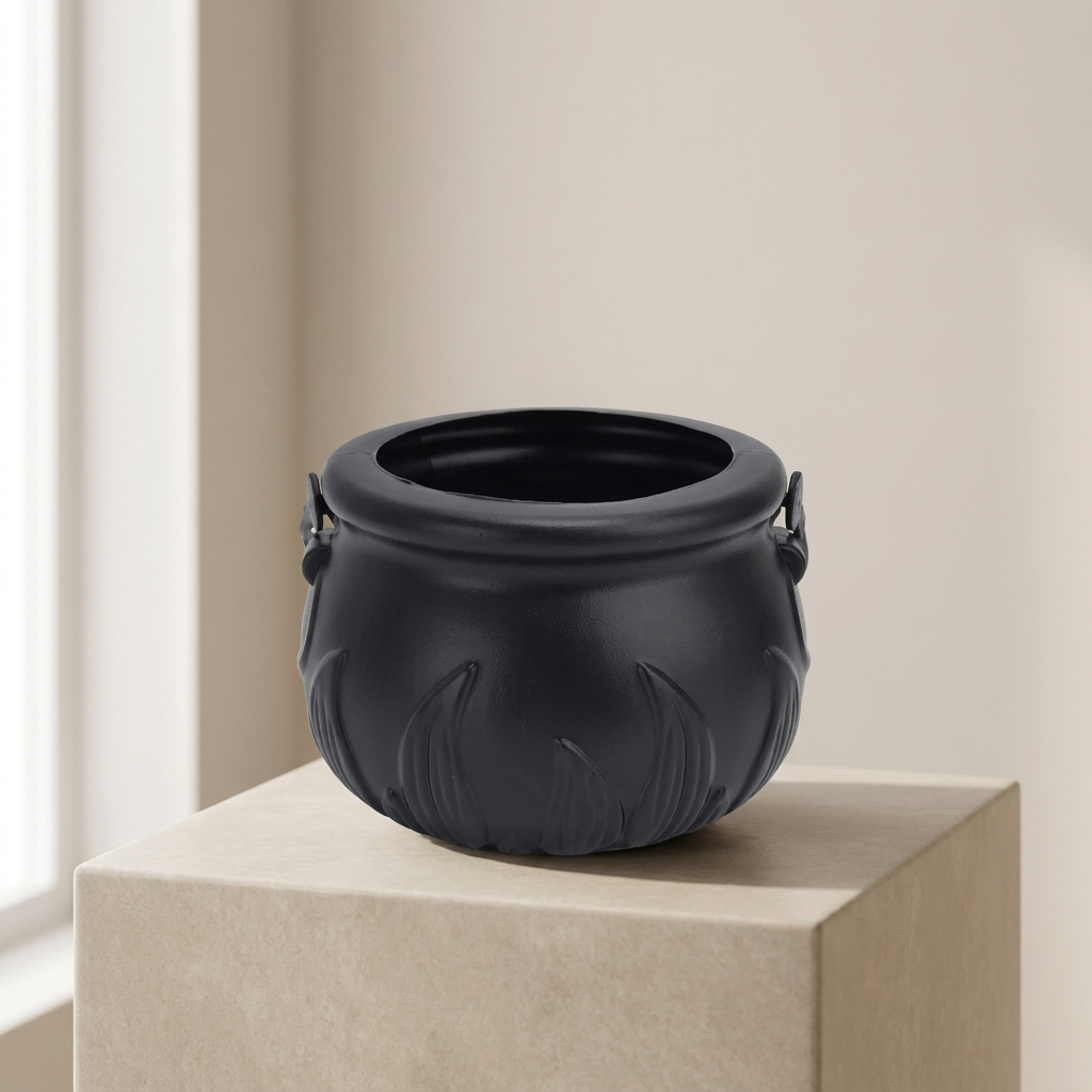 A matte black cauldron-shaped planter with embossed leaf details and side handles, displayed on a beige stone pedestal against a warm beige background.