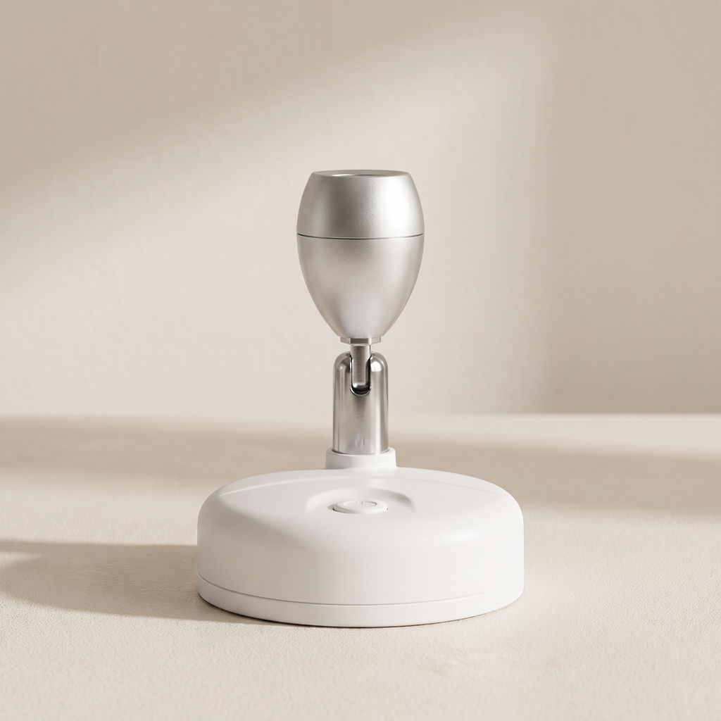 A modern white and silver electronic device with a circular base and a metallic dome-shaped top, shown on a neutral beige background.