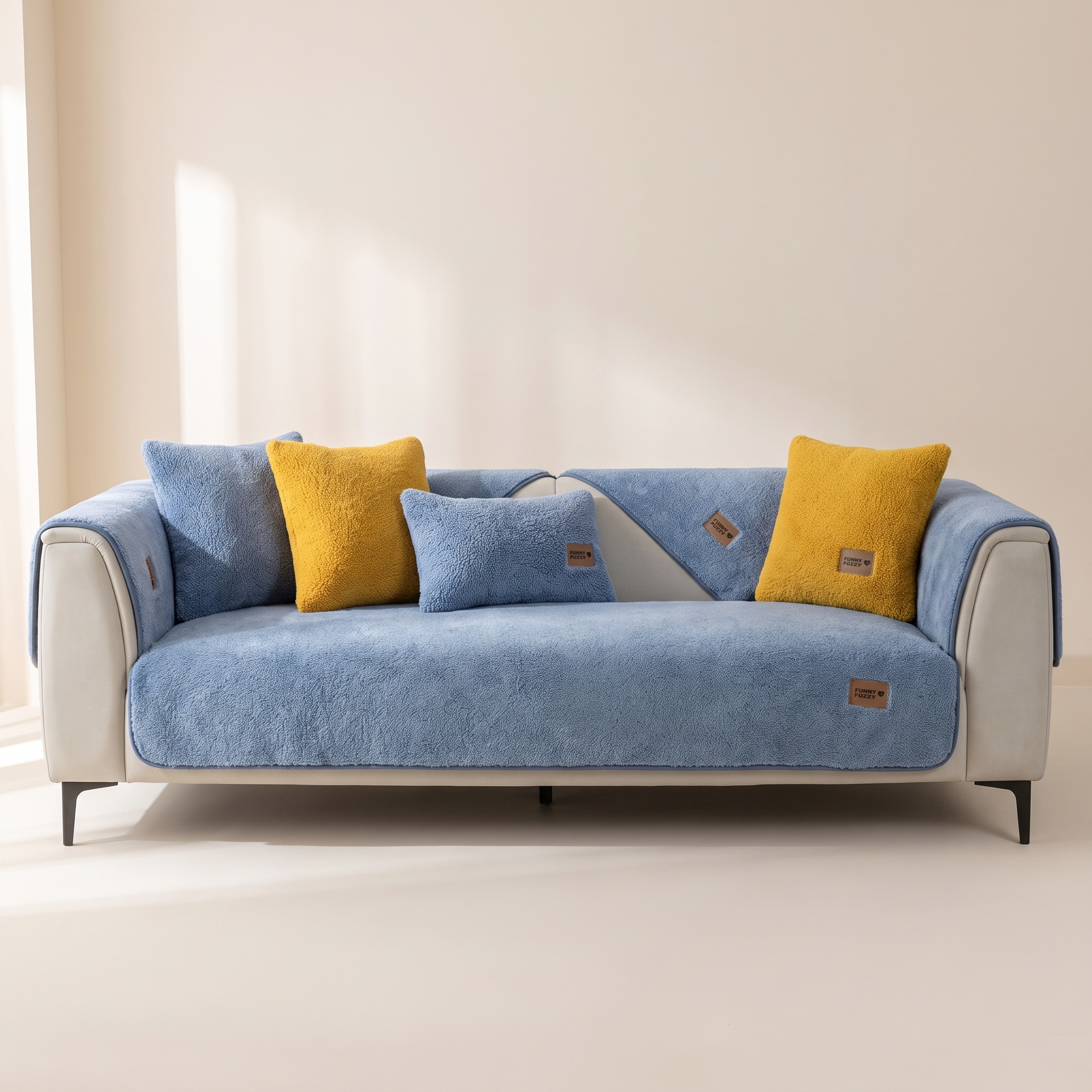 A blue sofa slipcover fitted over a light gray sofa, styled with four throw pillows in blue and mustard yellow, set against a warm beige wall with soft window shadows.
