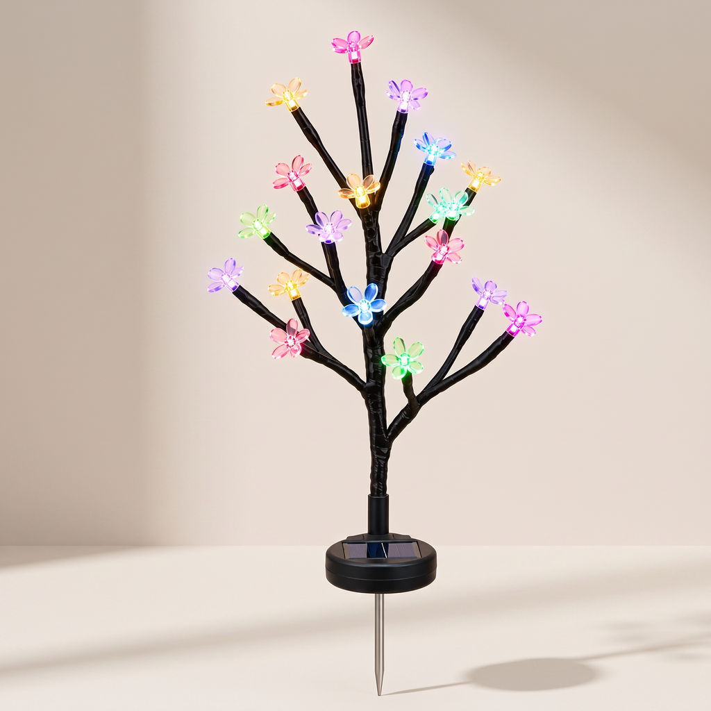 A decorative black artificial flowering tree stake with colorful LED blossoms on a solar-powered base, photographed against a plain beige studio background.