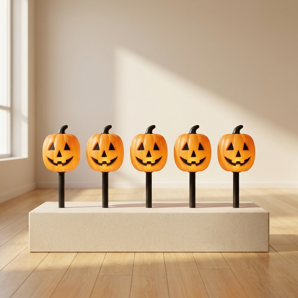 Five orange jack-o'-lantern pumpkins on black stakes, arranged in a row on a light beige rectangular pedestal in a sunlit room with wood flooring.