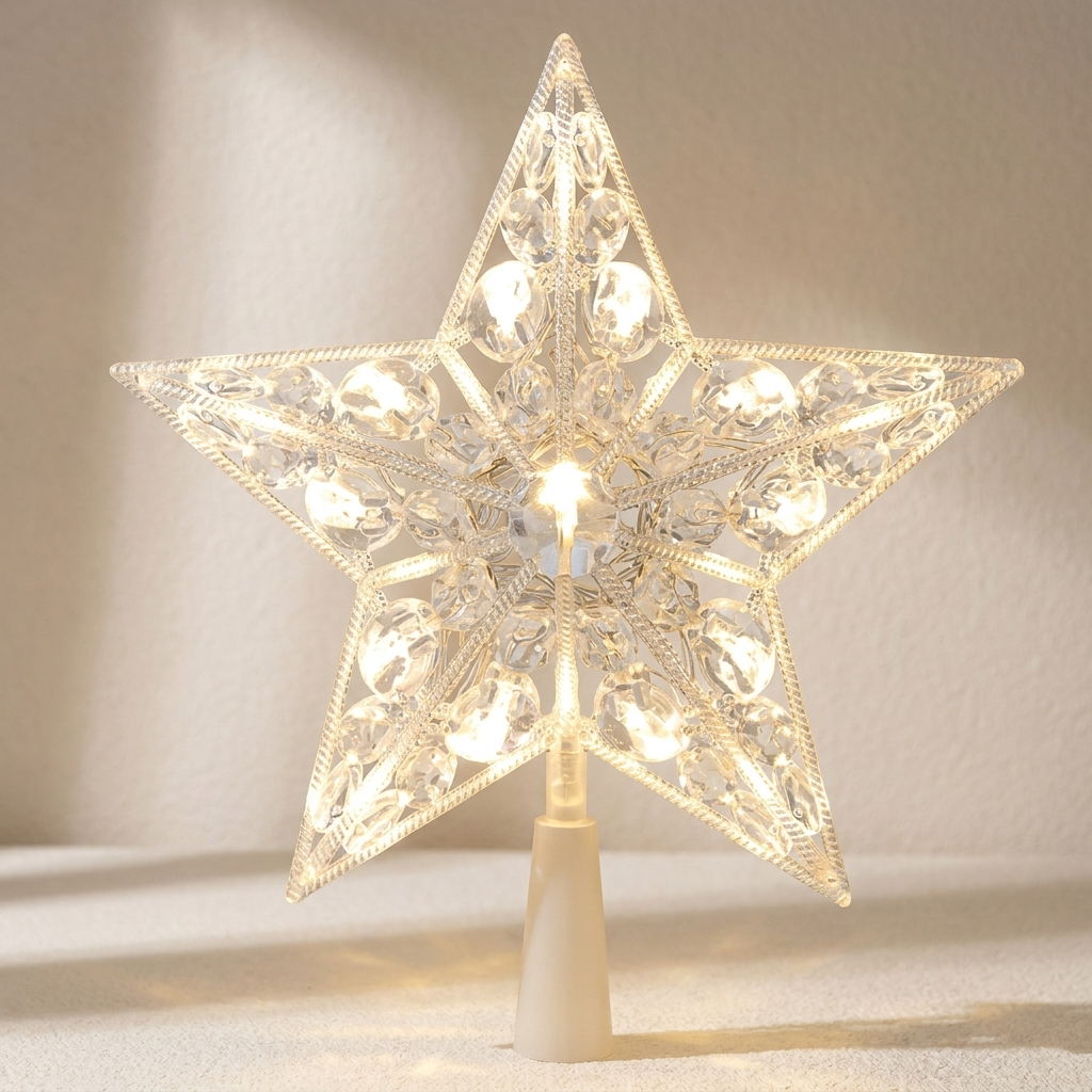 A five-pointed star-shaped Christmas tree topper with intricate cutout detailing and warm white LED lights, mounted on a small cream-colored plastic base against a softly lit beige background.