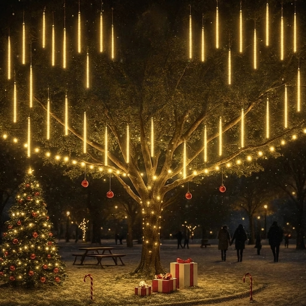 A festive outdoor Christmas scene with a large tree decorated with warm hanging light tubes and string lights, a lit Christmas tree at left, wrapped gift boxes at the base, and silhouetted people walking in the background at night.